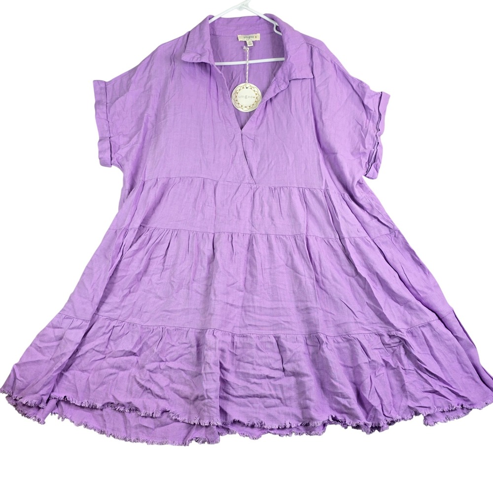 Umgee Tiered Babydoll Dress Women 2XL Purple Boho Linen Blend Frayed Hem New